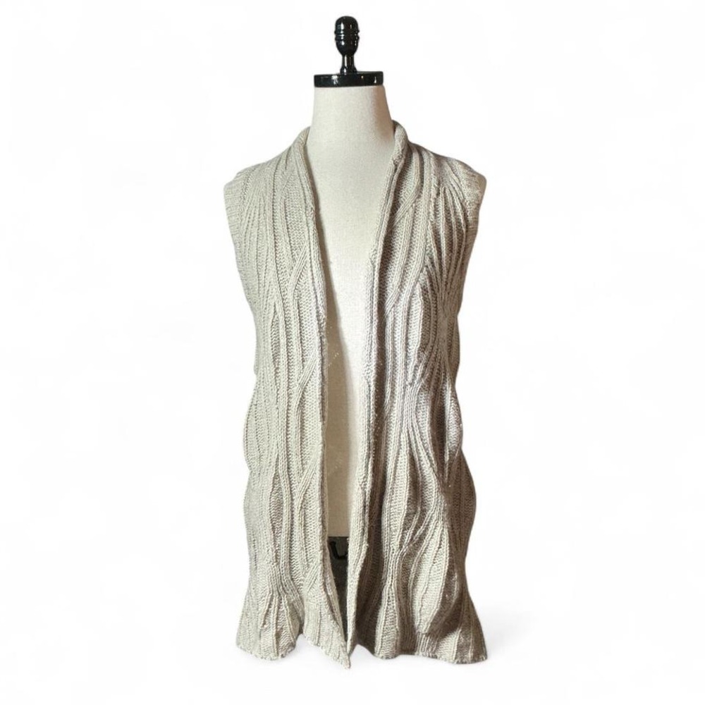 CABI Beige Wool Cable Knit Open Front Long Sleeveless Cardigan Vest Sweater XS